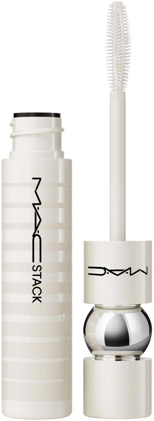 A white lipstick tube with a curved, liquid lipstick wand, featuring the MAC logo and a silver ball detail.