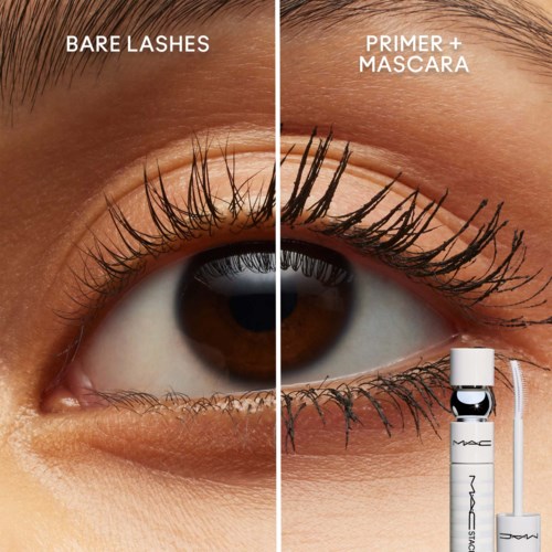 Comparison of natural lashes and mascara-enhanced lashes, showing length and volume difference.