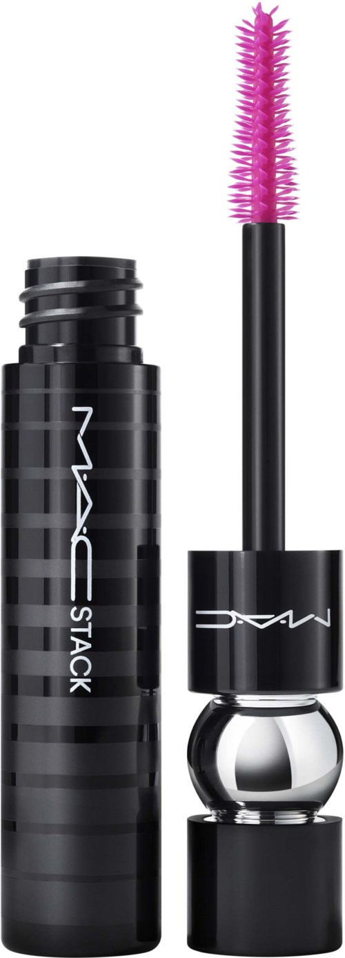 Pink mascara wand with a black tube, labeled MAC Stack.