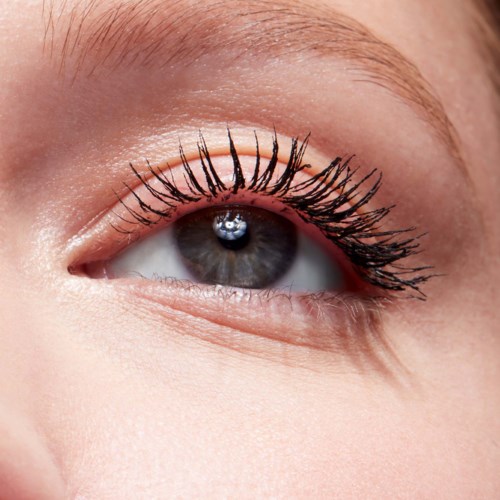 Close-up of an eye with detailed eyelashes and a small reflection in the pupil.