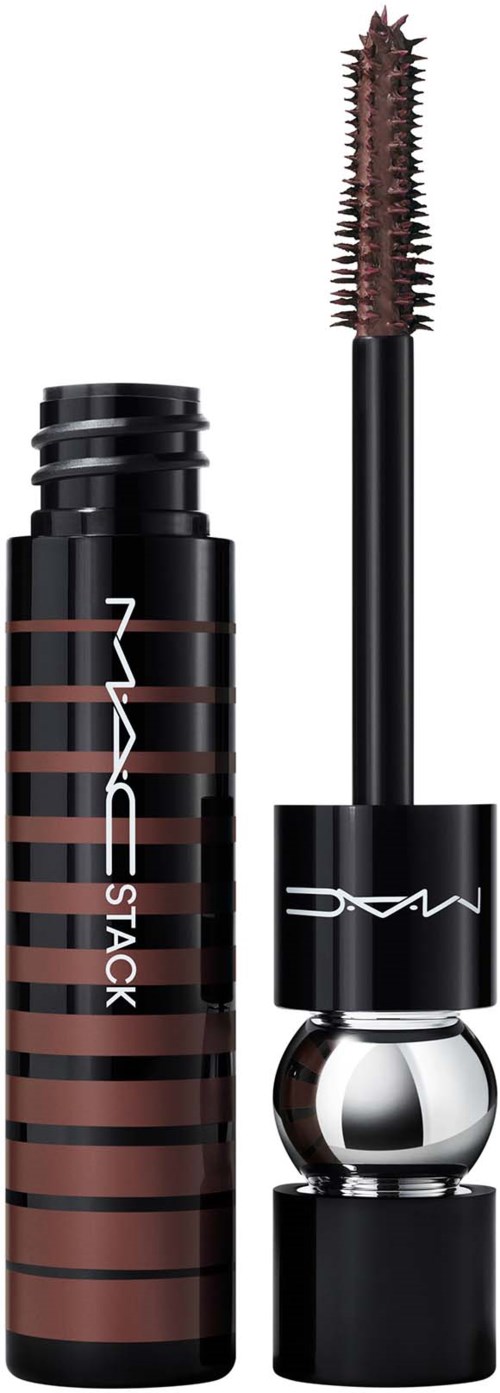 A black and brown MAC mascara tube with a wand showing the mascara brush.