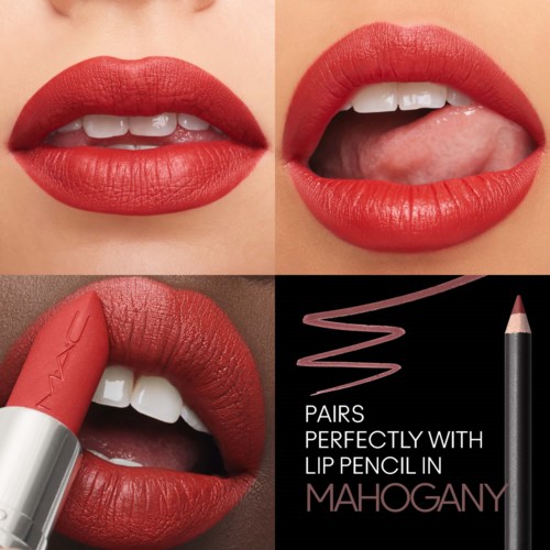Close-up of lips with red lipstick, showing different angles and the lip pencil. Text says the lipstick pairs well with Mahogany lip pencil.