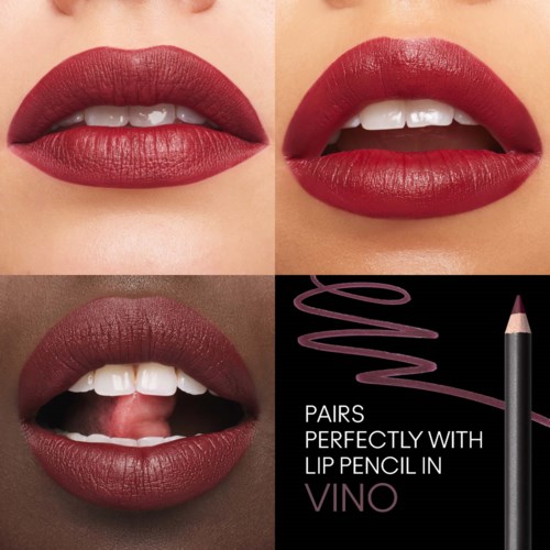 Three different lip looks with red lipstick, showing open and closed lips, and a lip pencil for matching.