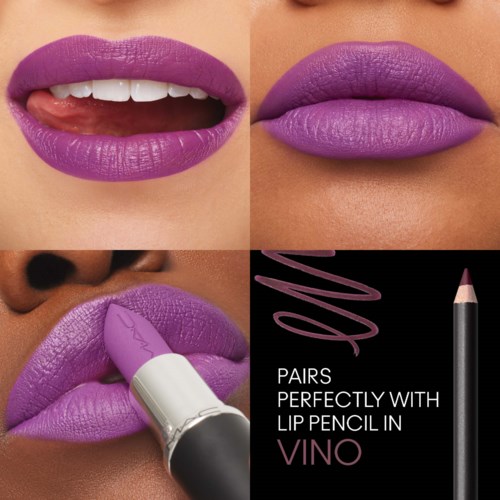 Close-up of four images showing purple lipstick on lips, with a lip pencil, and text about perfect lip pairings.