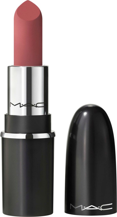 A pink lipstick in a silver and black case, with the cap off, showing the lipstick. Brand MAC is visible.