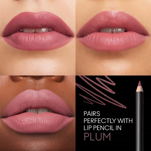 Three sets of lips with different shades of pink lipstick and a lip pencil, labeled as 'Pairs perfectly with lip pencil in plum.'