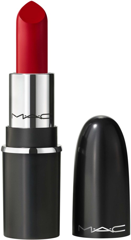 Red lipstick in a black and silver tube with a detached black cap.