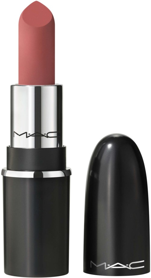 A lipstick with a pink shade and a black case, opened to show the color. The brand name is on the case.