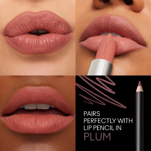 Close-up of lips with pink lipstick, showing different angles and a lip pencil in plum color.