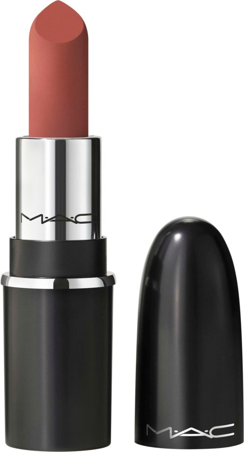 A beige lipstick in a silver and black tube with a black cap. The cap is off, showing the lipstick.