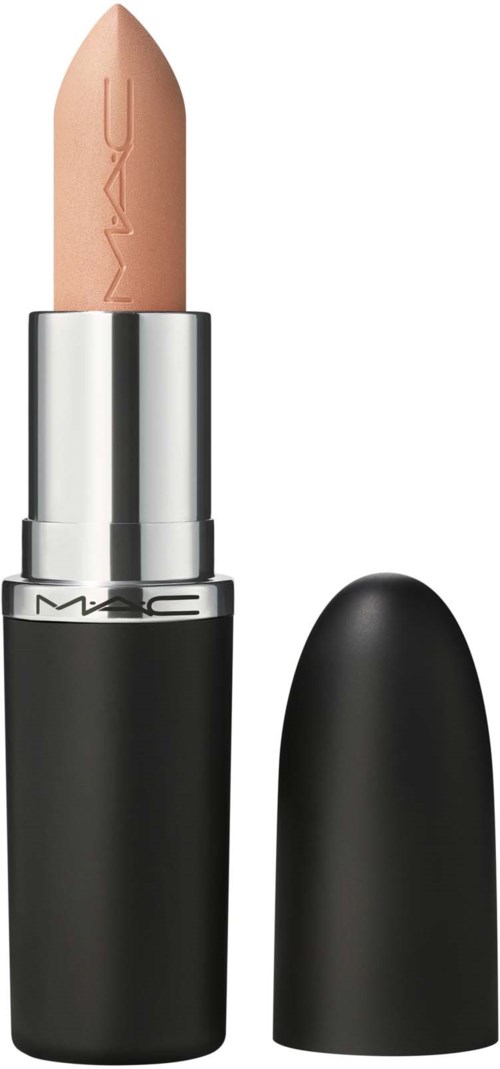 A beige lipstick with a black cap, silver band, and brand name MAC visible.