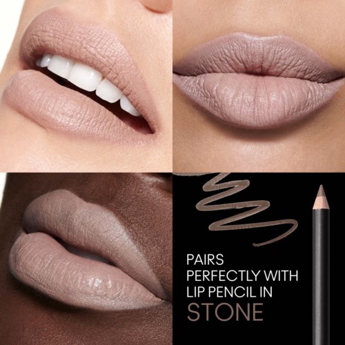 Three sets of lips with matching lip pencils, showing different skin tones and shades of lipstick.