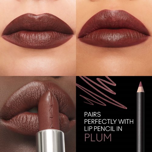 Two sets of lips with brown lipstick, and a lip pencil labeled for use with plum lipstick.