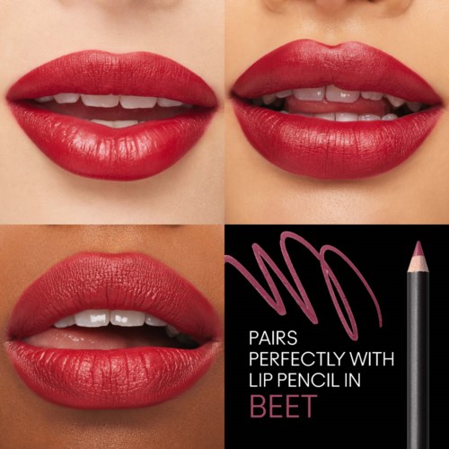 Close-up of lips with red lipstick, showing different lip positions and a lip pencil in a promotional graphic.