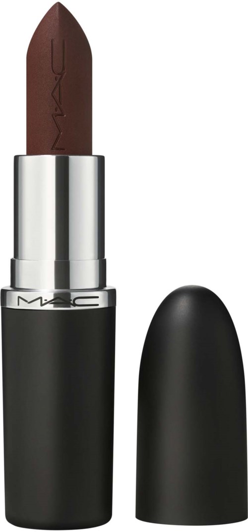 A lipstick with brown shade and silver and black tube, with cap removed showing the lipstick.