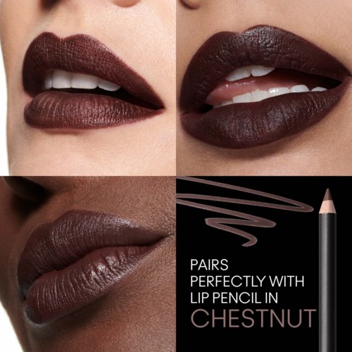 Close-up of lips showing dark brown lipstick, with a lip pencil and text about matching lip color in chestnut.