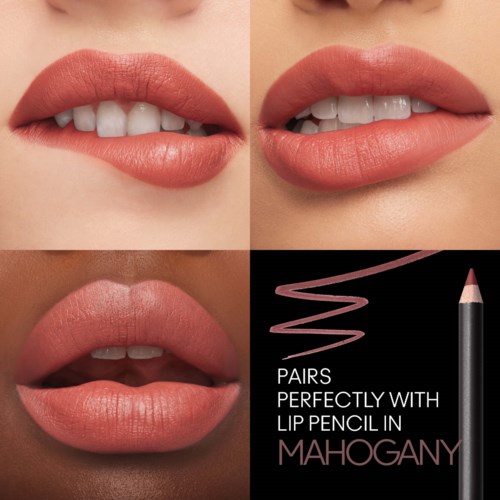 Three photos show lips applying pink lipstick and a lip pencil with text about perfect pairings in mahogany.