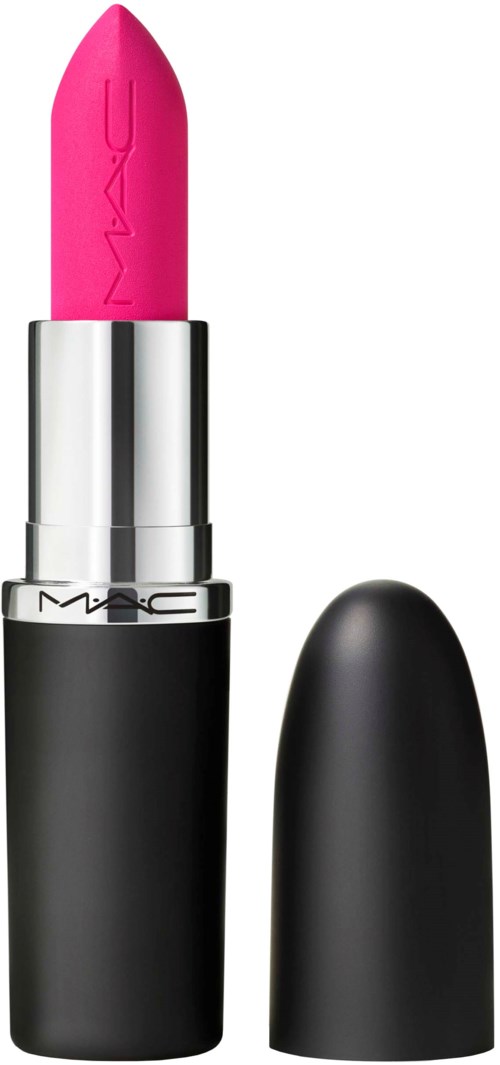 A bright pink lipstick with a silver and black case, with the lid placed beside it.