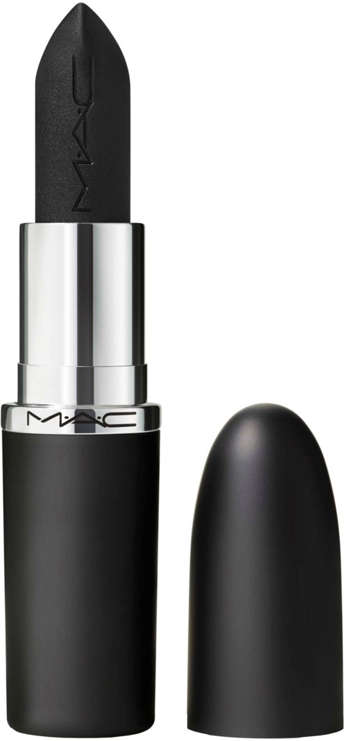 A black lipstick with a silver band, partially opened to show the dark lipstick inside.