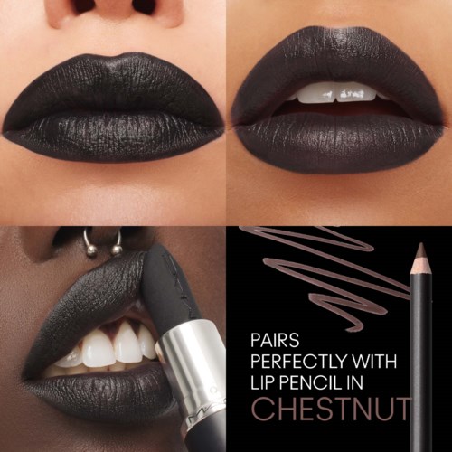 Dark lipstick on lips, with a lip pencil matching the shade, shown in a four-part close-up. Text says it pairs well with chestnut.