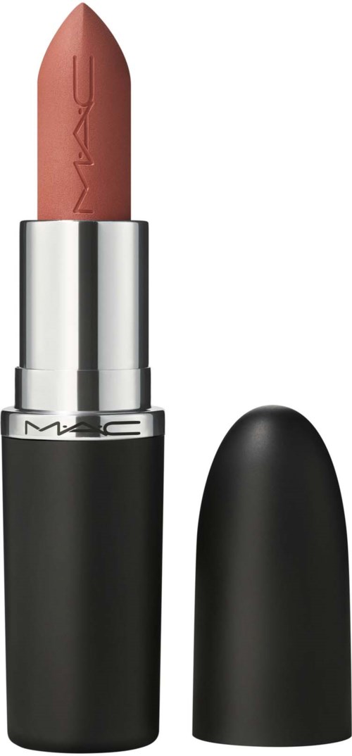 A lipstick with a black case, silver middle, and a nude shade. The cap is off and placed beside it.