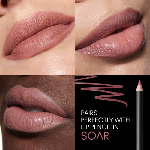 Three close-up images of lips with different shades of makeup, and a lip pencil with pink lines and text about it.