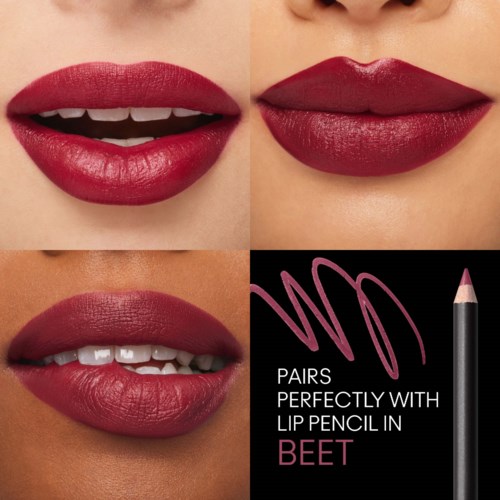 Two lips with different shades of lipstick, and a lip pencil shown on a black background with text.