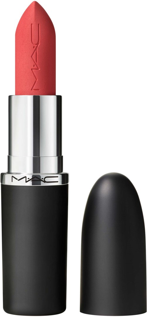 A red lipstick in a black and silver tube, with the cap off showing the lipstick stick.