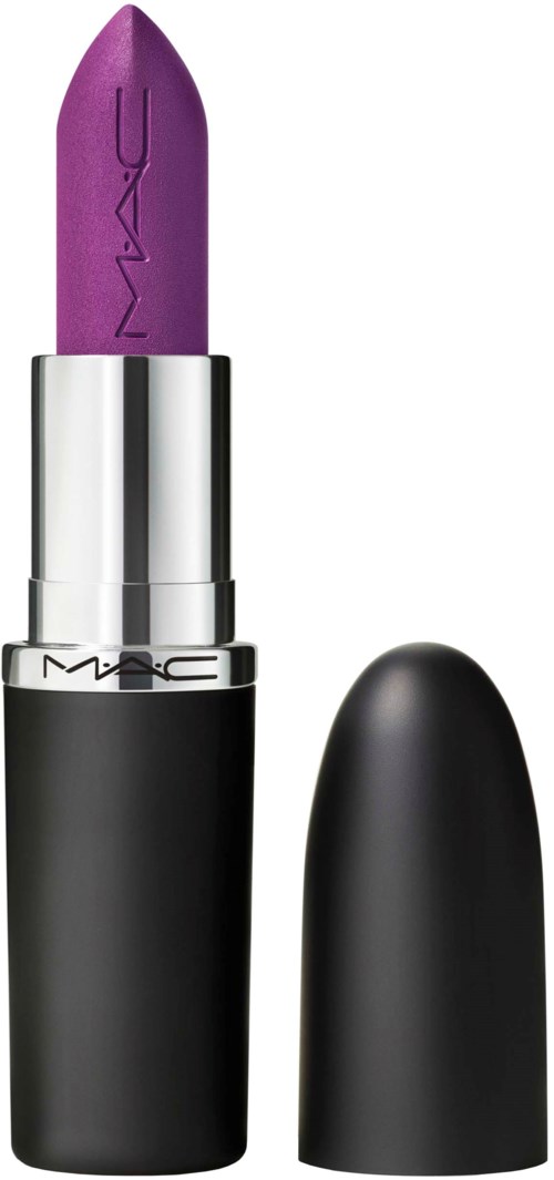 A purple lipstick with a black and silver case, with the cap removed showing the lipstick.