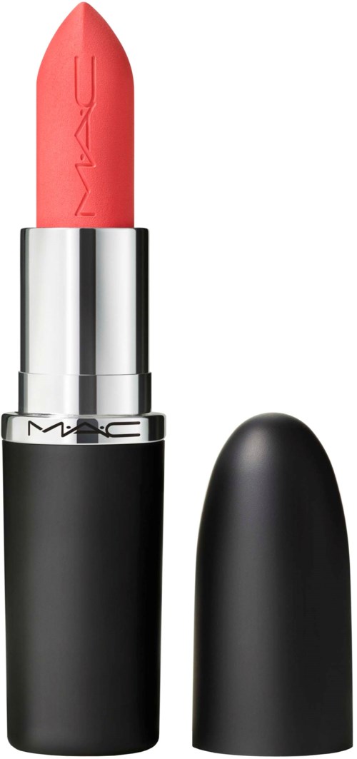 A pink lipstick in a black and silver case. The cap is off, showing the lipstick. The MAC logo is on the lipstick.