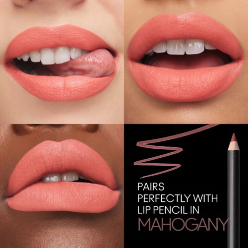 Three lips with different expressions and a lip pencil advertisement with pink makeup on a black background.