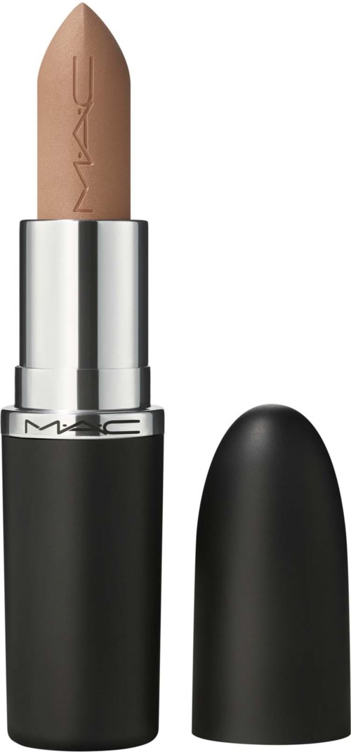 A beige lipstick with a black cap and silver base, labeled with MAC logo. It is standing upright.