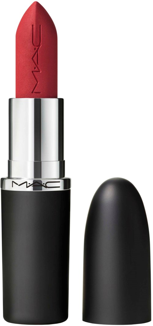 A red lipstick with a black and silver case, the lipstick is branded MAC and is partly exposed.