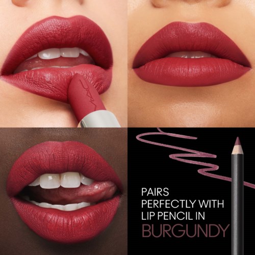 Close-up of lips being colored with burgundy lipstick, showing use of Lip Pencil for perfect matching.