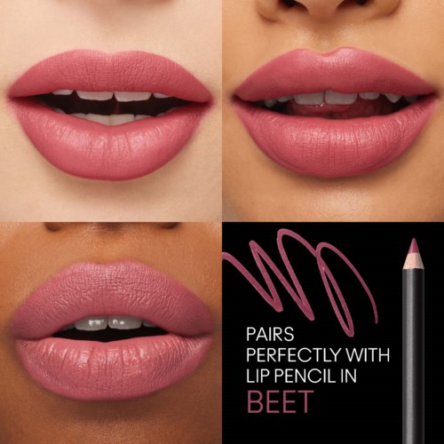 Three different lips showing a lip pencil matching their color, with text about pairs and lip pencil in beet.
