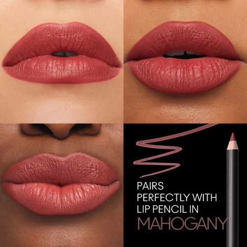 Close-up of lips tested with a pink lip pencil, showing different lip shapes and a swatch of the pencil color.