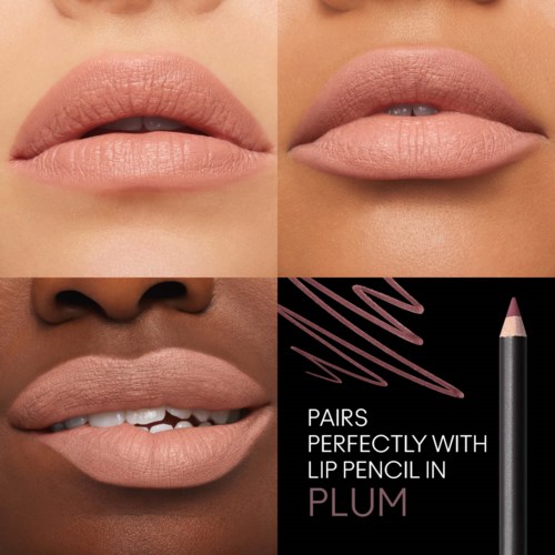 Zeigt Lippen mit neutralem Make-up, Lippenstiftstift und eine Anleitung zum Kombinieren von Lippen mit Pflaumenfarbe.