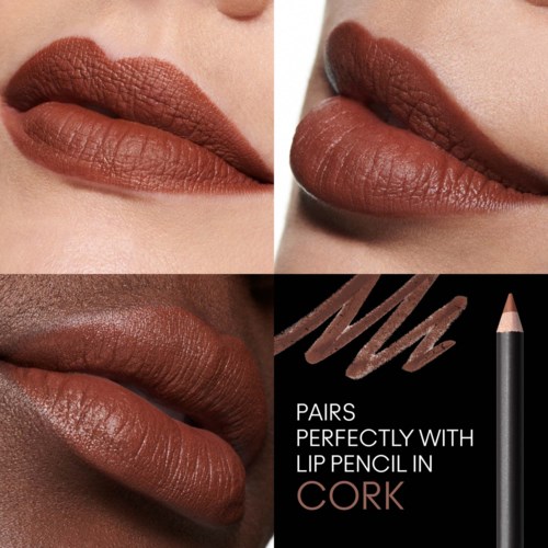 Three close-up images of lips showing different shades of lipstick, from light to dark. The bottom right shows a lip pencil and writing.