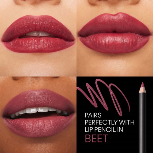 Three images of lips showing different shades of pink lipstick. One shows slightly open lips revealing teeth. A lip pencil and instructions are also visible.