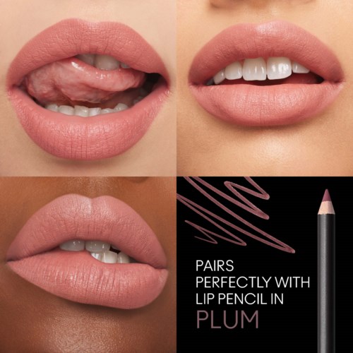 Close-up of lips with different expressions and a lip pencil labeled 'Pairs Perfectly with Lip Pencil in Plum' highlighting makeup.