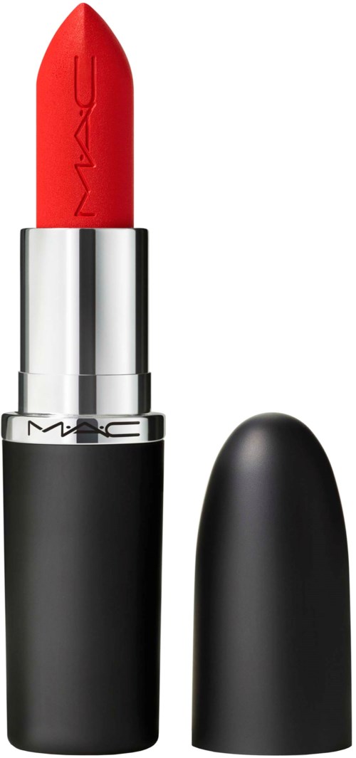 A red lipstick in a silver and black case with the cap removed.