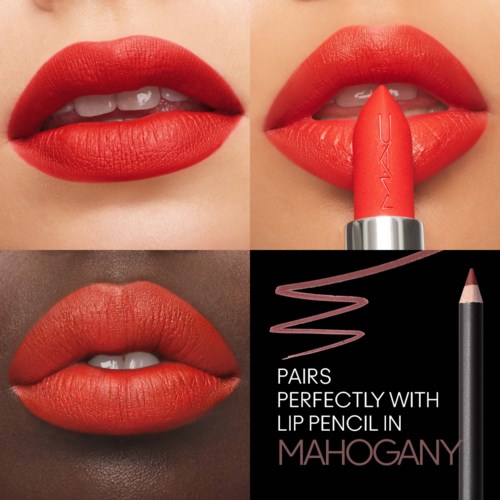 Close-up of lips with bright red lipstick and a matching lip pencil, demonstrating applying the lipstick. Text about lip pencil is shown.