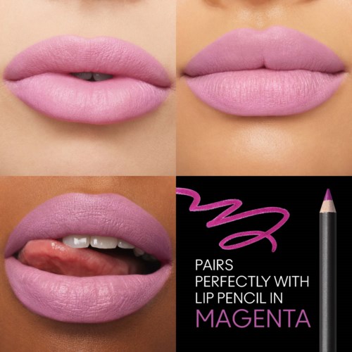 Four images show lips with pink lipstick and a lip pencil, demonstrating lip makeup and the tool used.