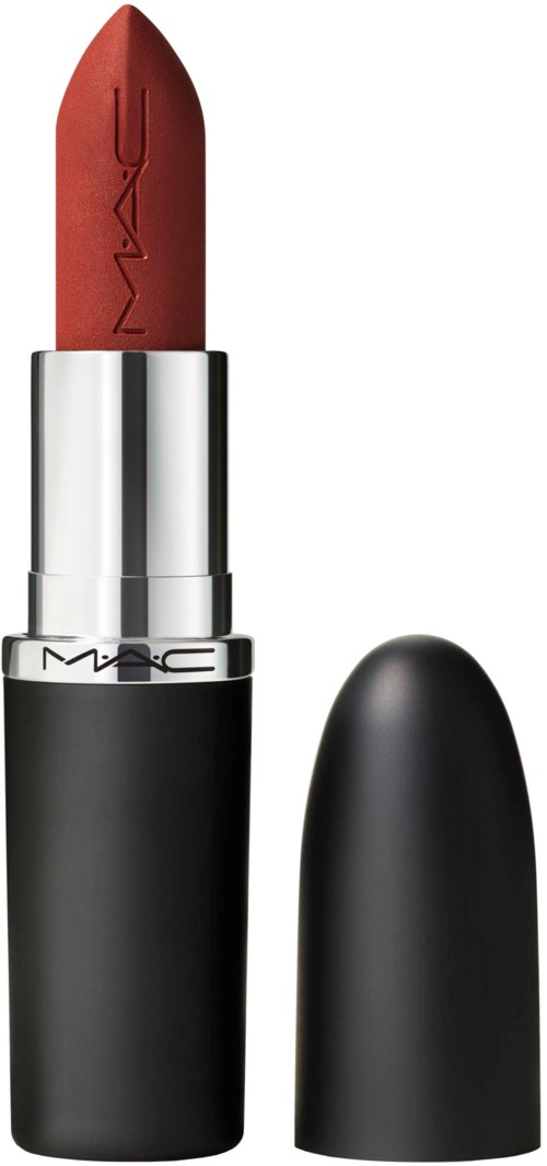 A lipstick tube with a black cap, silver band, and reddish-brown lipstick inside.