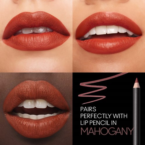 Three images show lips with different lipstick shades and a lip pencil advertisement for Mahogany lipstick.