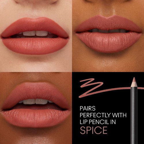 Four close-up images show different lips with various shades of lipstick, and a lip pencil in spice color.