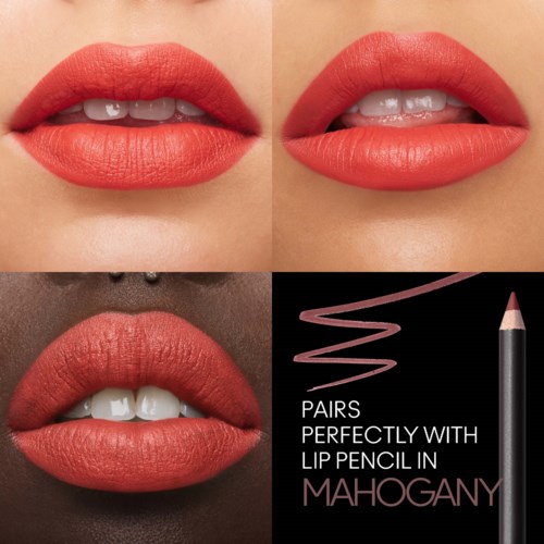 Three lips showing different shades of pink lipstick and a lip pencil for matching. Text explains lipstick matches lip pencil.