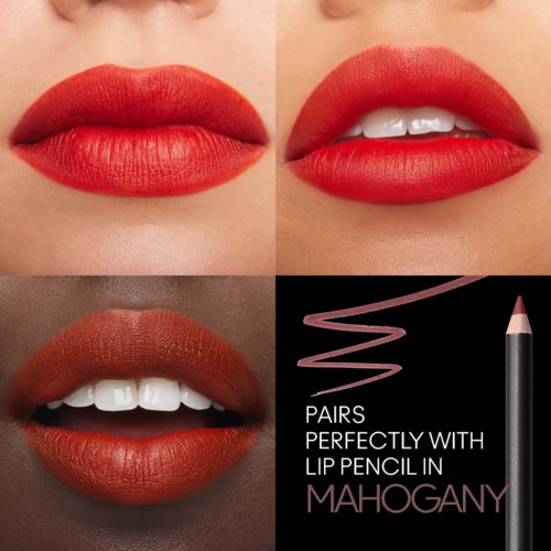 Three close-up images of lips with bright red lipstick, showing different lip expressions. A lip pencil and text about lip products.