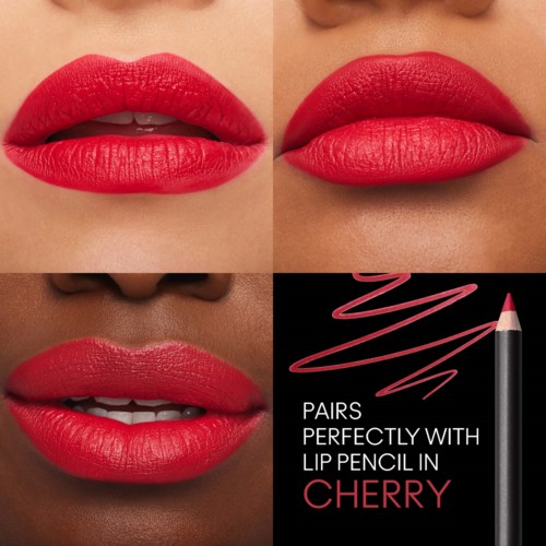 Close-up of lips with bright red lipstick, showing different angles and a lip pencil illustration with text.