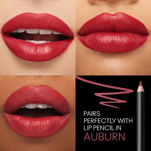 Red lipstick enhances lips, shown in different angles, with a lip pencil for perfect matching. Text about lip pencil color.